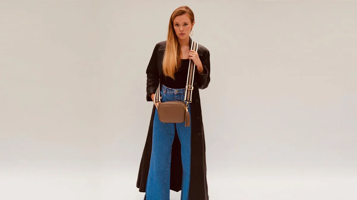 The Tassel Latte Leather Crossbody Bag With Latte Stripe Strap