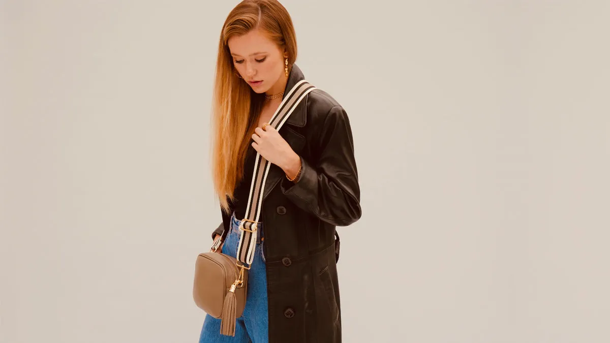 The Tassel Latte Leather Crossbody Bag With Latte Stripe Strap