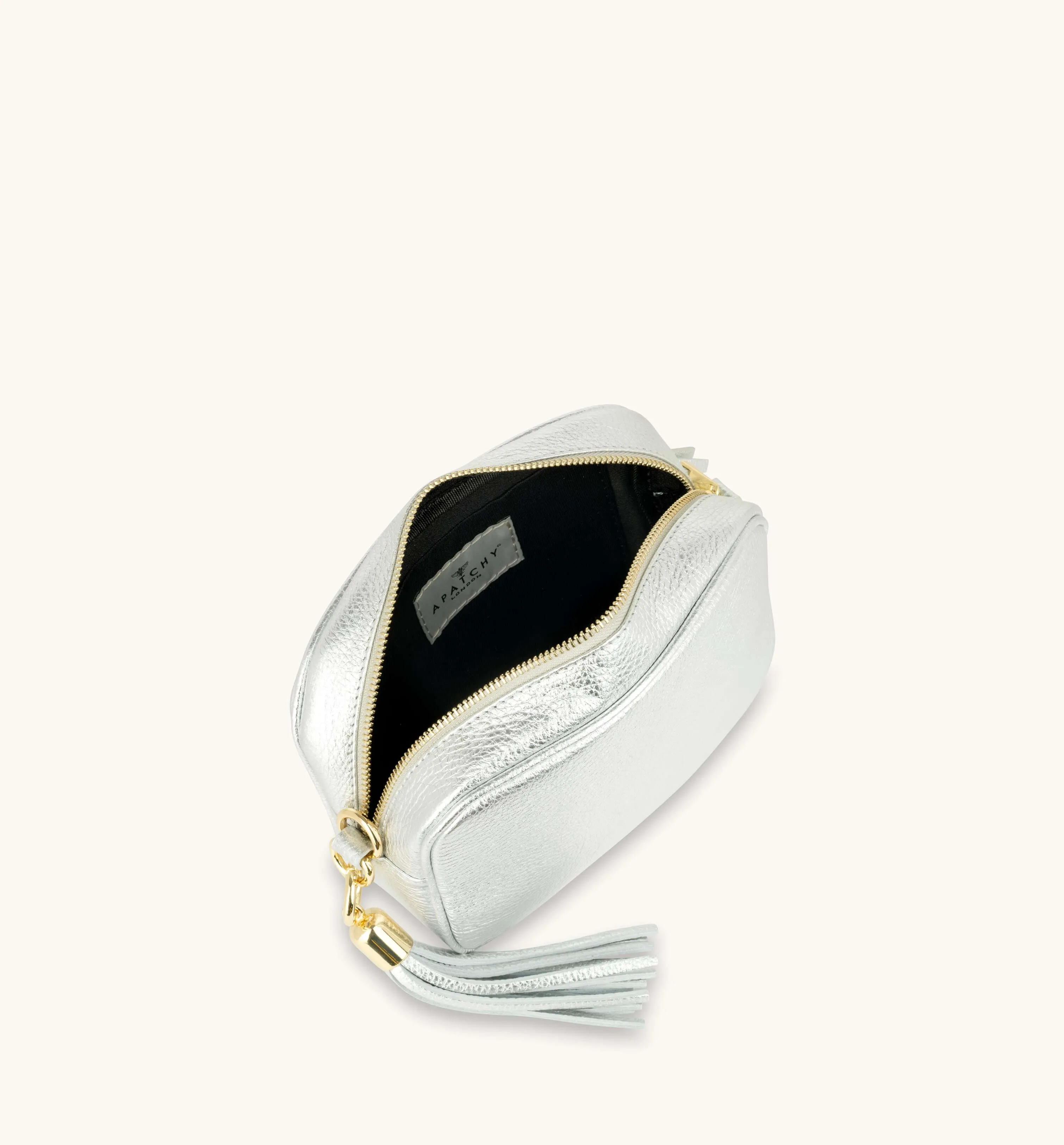 The Tassel Silver Leather Crossbody Bag With Black & Silver Chevron Strap