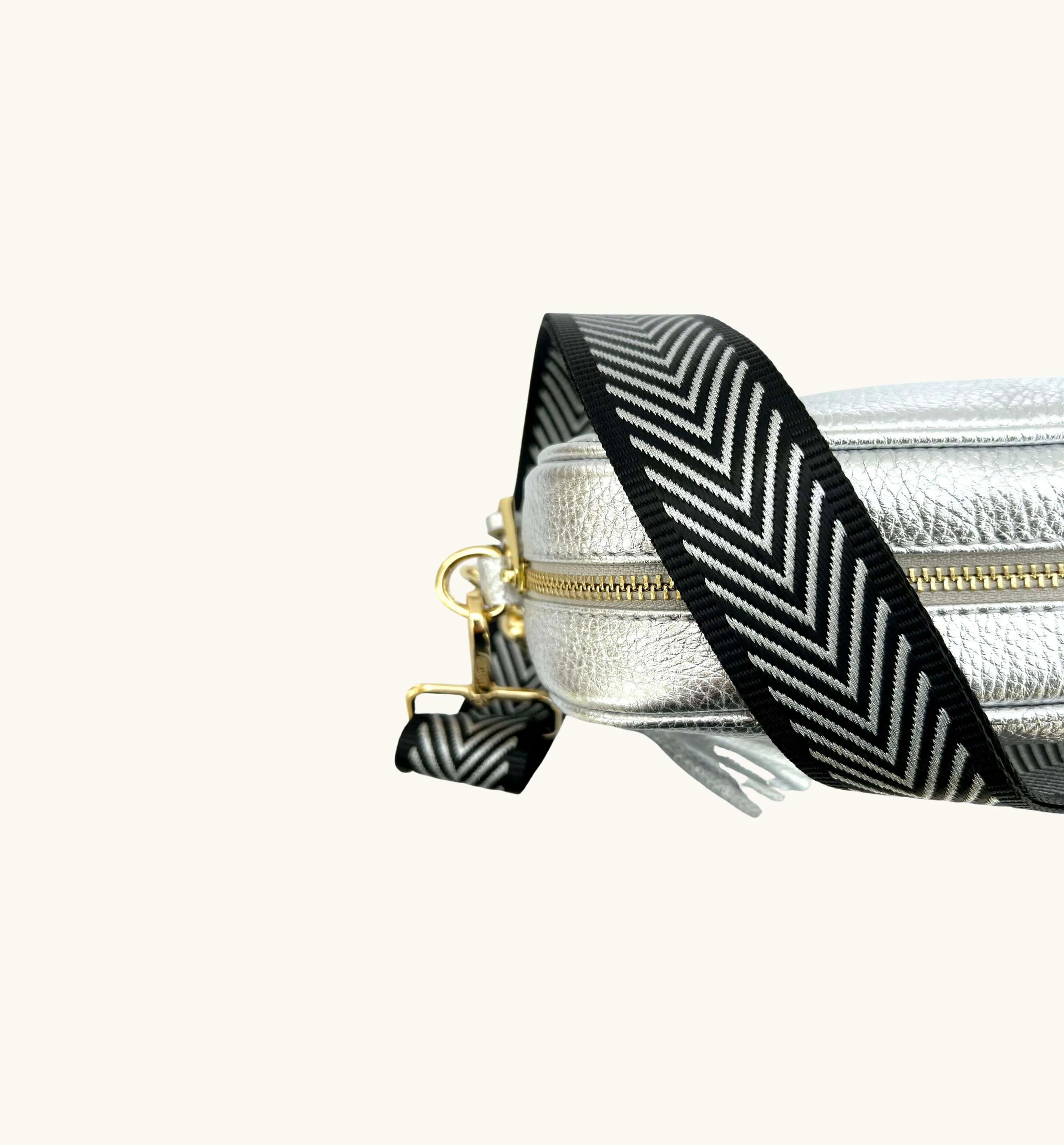 The Tassel Silver Leather Crossbody Bag With Black & Silver Chevron Strap