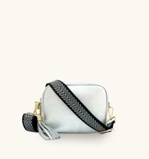The Tassel Silver Leather Crossbody Bag With Black & Silver Chevron Strap