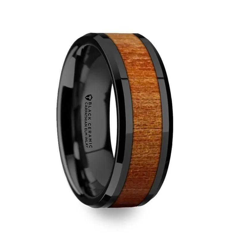 Thorsten THRACIAN Carpathian Wood Inlaid Black Ceramic Ring w/ Bevels