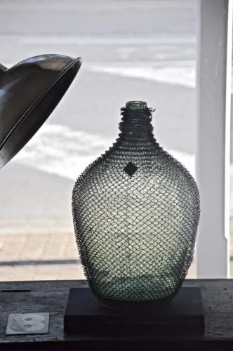 UNIQUE rare DEUTSCH German vintage industrial green jar demijohn in wire