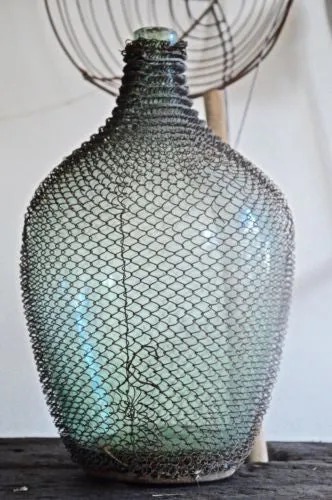 UNIQUE rare DEUTSCH German vintage industrial green jar demijohn in wire