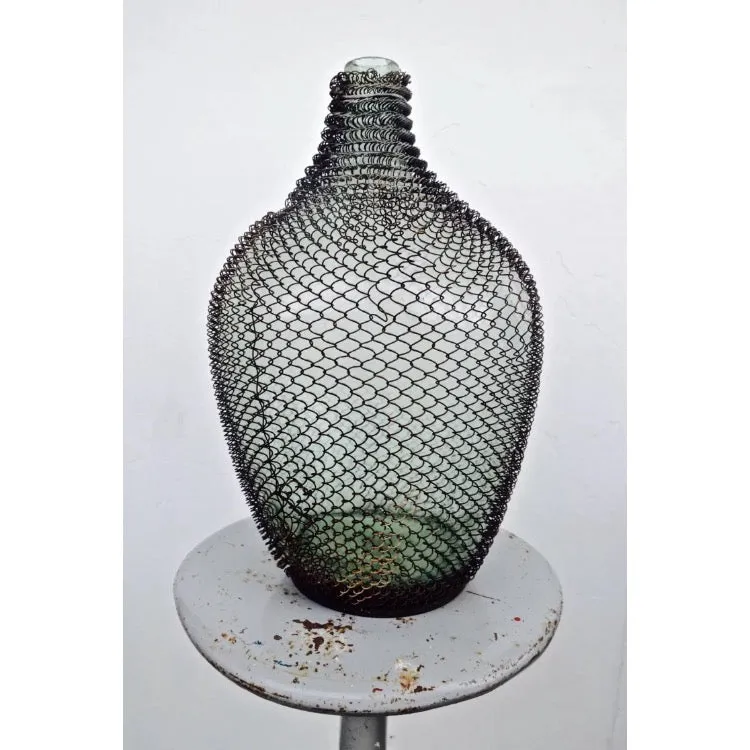 UNIQUE rare DEUTSCH German vintage industrial green jar demijohn in wire