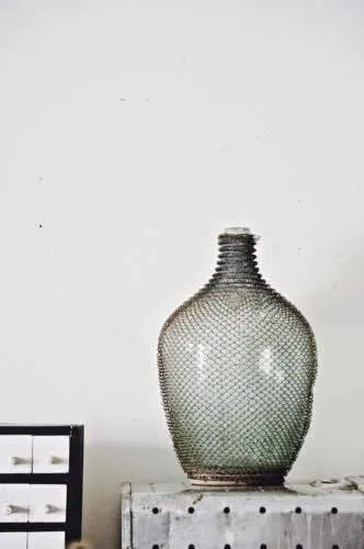 UNIQUE rare DEUTSCH German vintage industrial green jar demijohn in wire