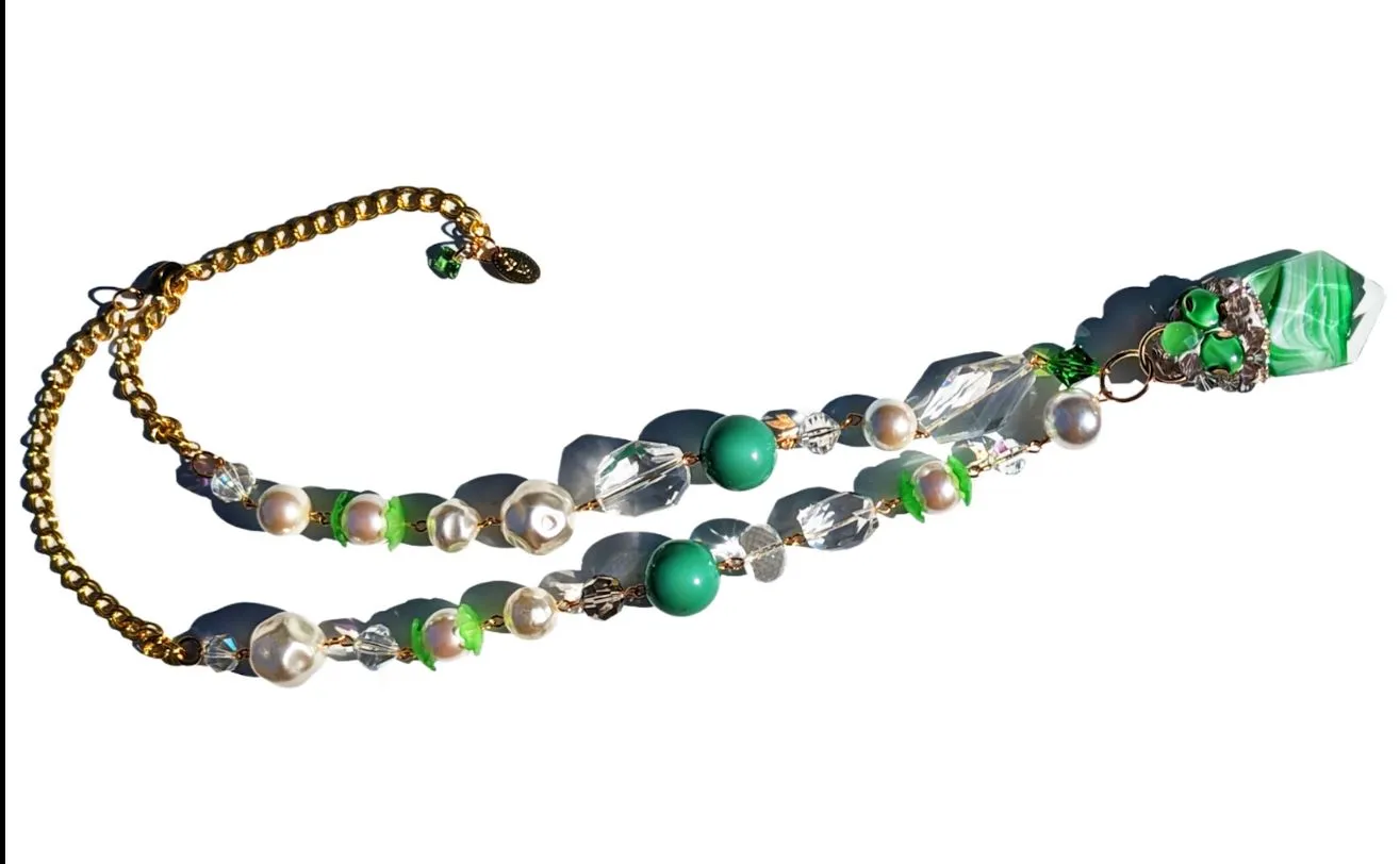 Unique Swarovskis Vintage Drop Green Cantaloupe Pearl Necklace Set Created by Gay Isber