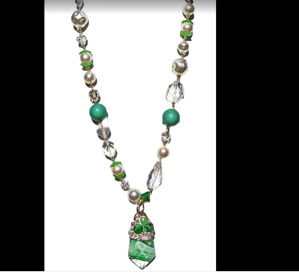 Unique Swarovskis Vintage Drop Green Cantaloupe Pearl Necklace Set Created by Gay Isber