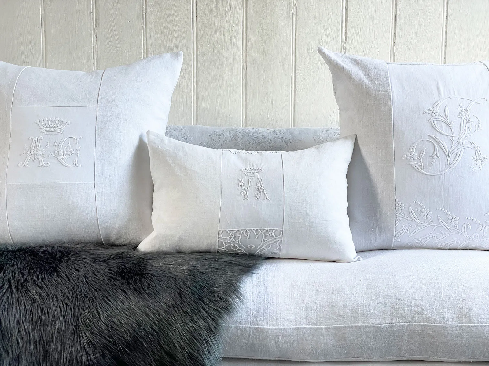 VA Crown - Two Rare 'VA' Small Rectangular Monogrammed Cushions on linen