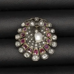 VICTORIAN ANTIQUE DIAMOND RUBY PIN PEARL SHELL FAN OLD CUT 14k GOLD PENDANT