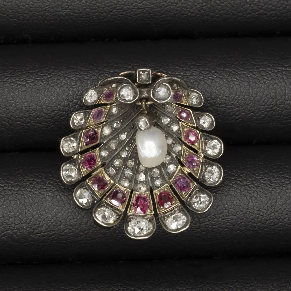 VICTORIAN ANTIQUE DIAMOND RUBY PIN PEARL SHELL FAN OLD CUT 14k GOLD PENDANT