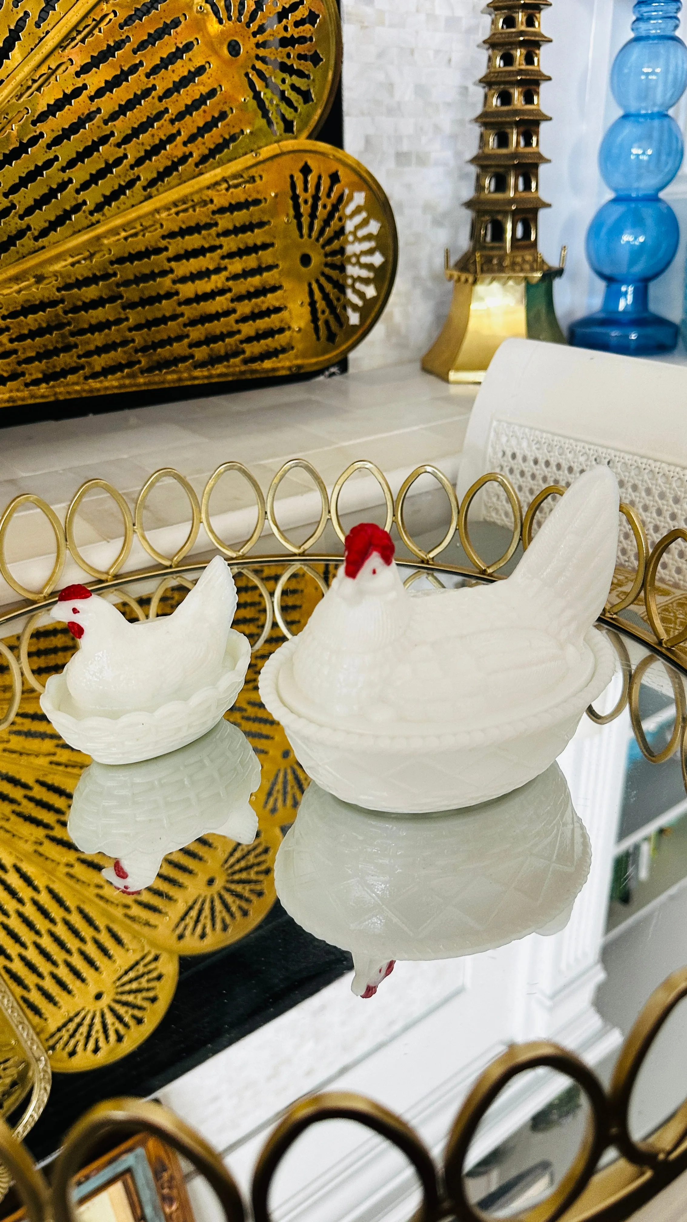 Vintage Hen On Nest Dish, Opaline Westmoreland Milk Glass, 2 Available
