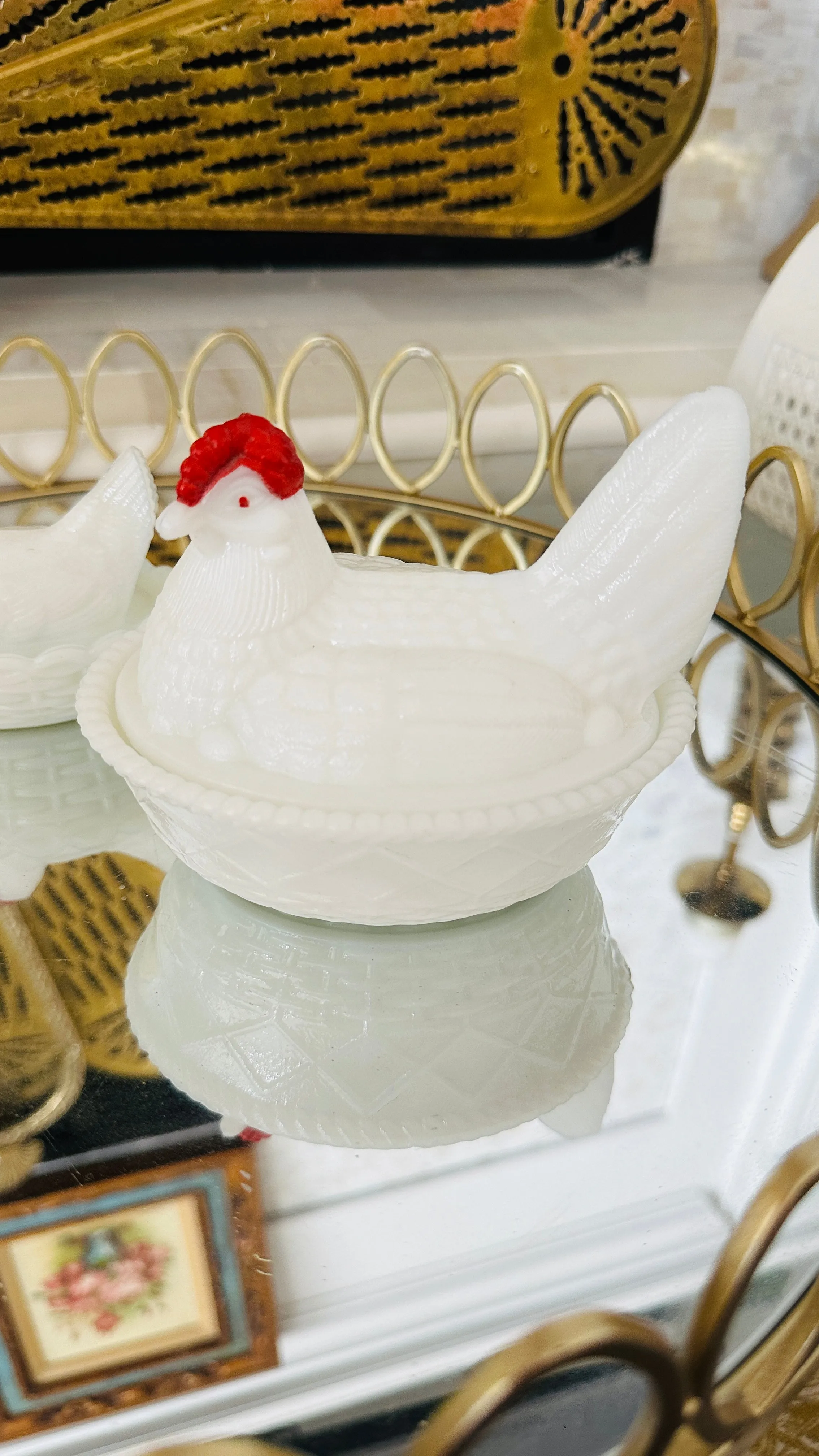 Vintage Hen On Nest Dish, Opaline Westmoreland Milk Glass, 2 Available