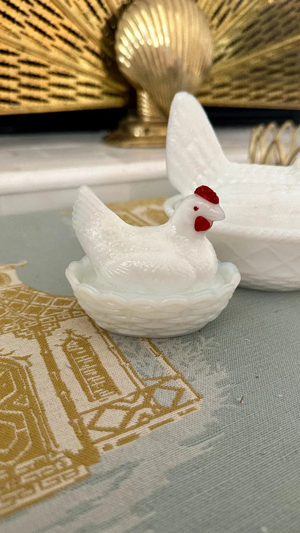 Vintage Hen On Nest Dish, Opaline Westmoreland Milk Glass, 2 Available
