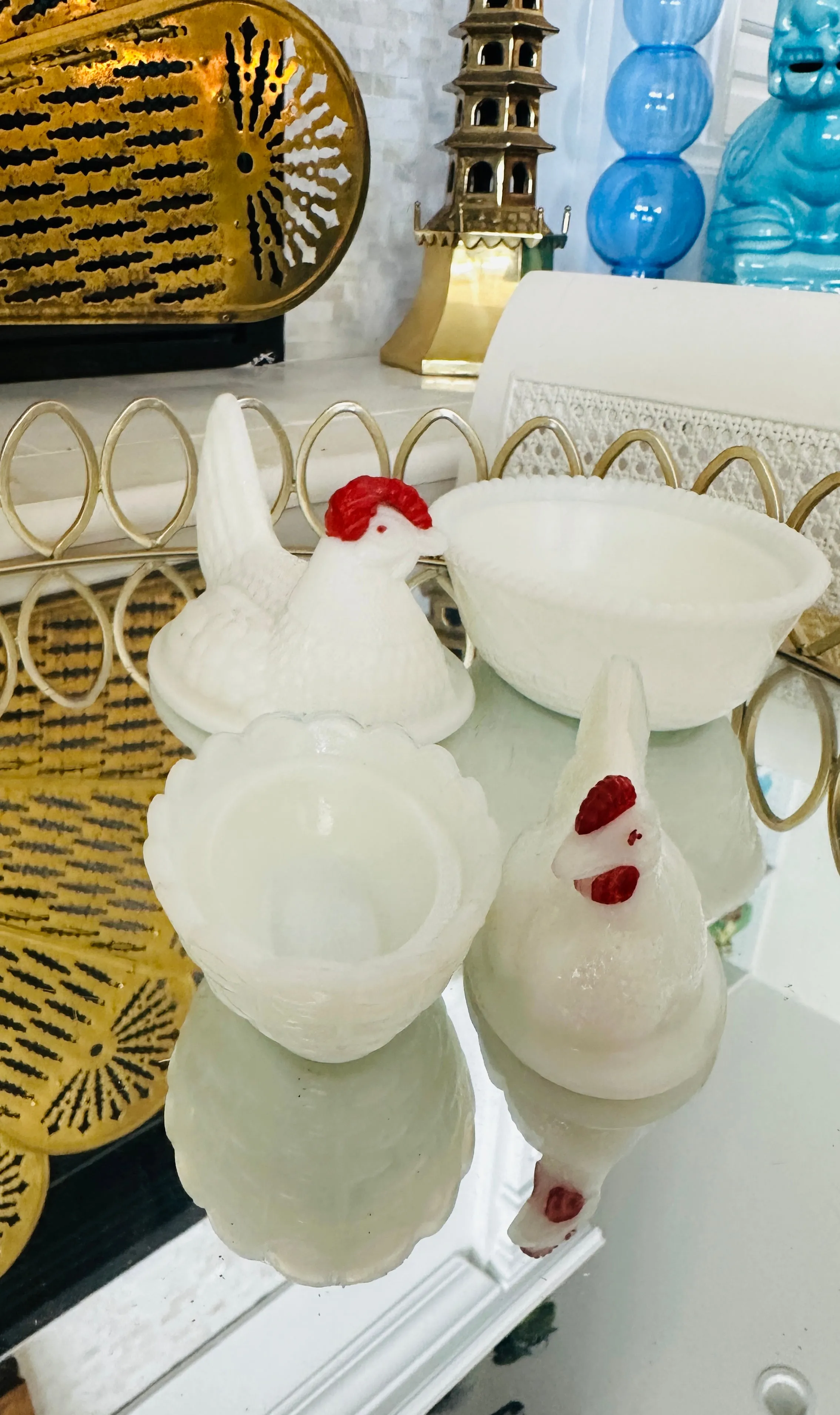 Vintage Hen On Nest Dish, Opaline Westmoreland Milk Glass, 2 Available