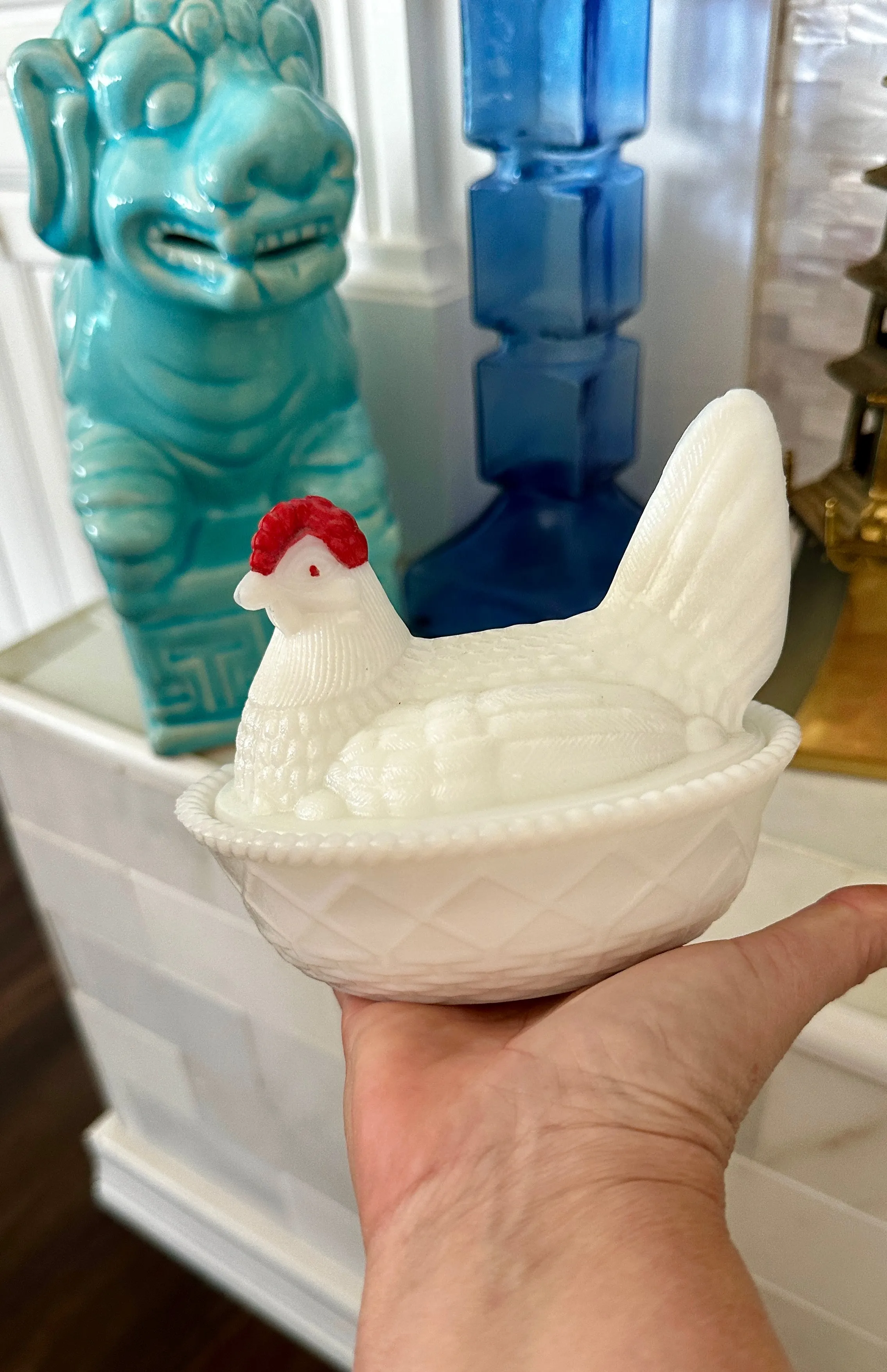 Vintage Hen On Nest Dish, Opaline Westmoreland Milk Glass, 2 Available