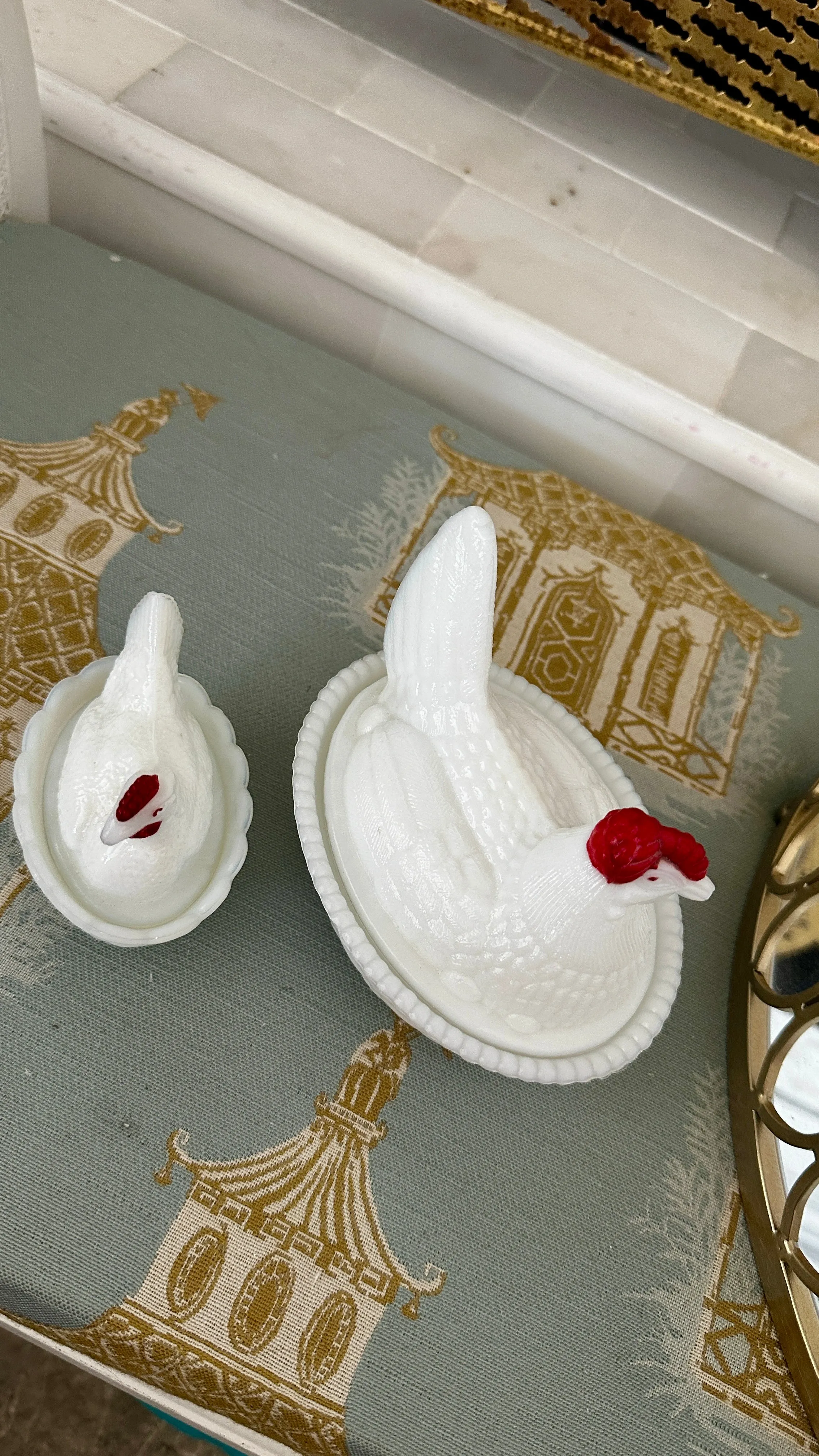 Vintage Hen On Nest Dish, Opaline Westmoreland Milk Glass, 2 Available