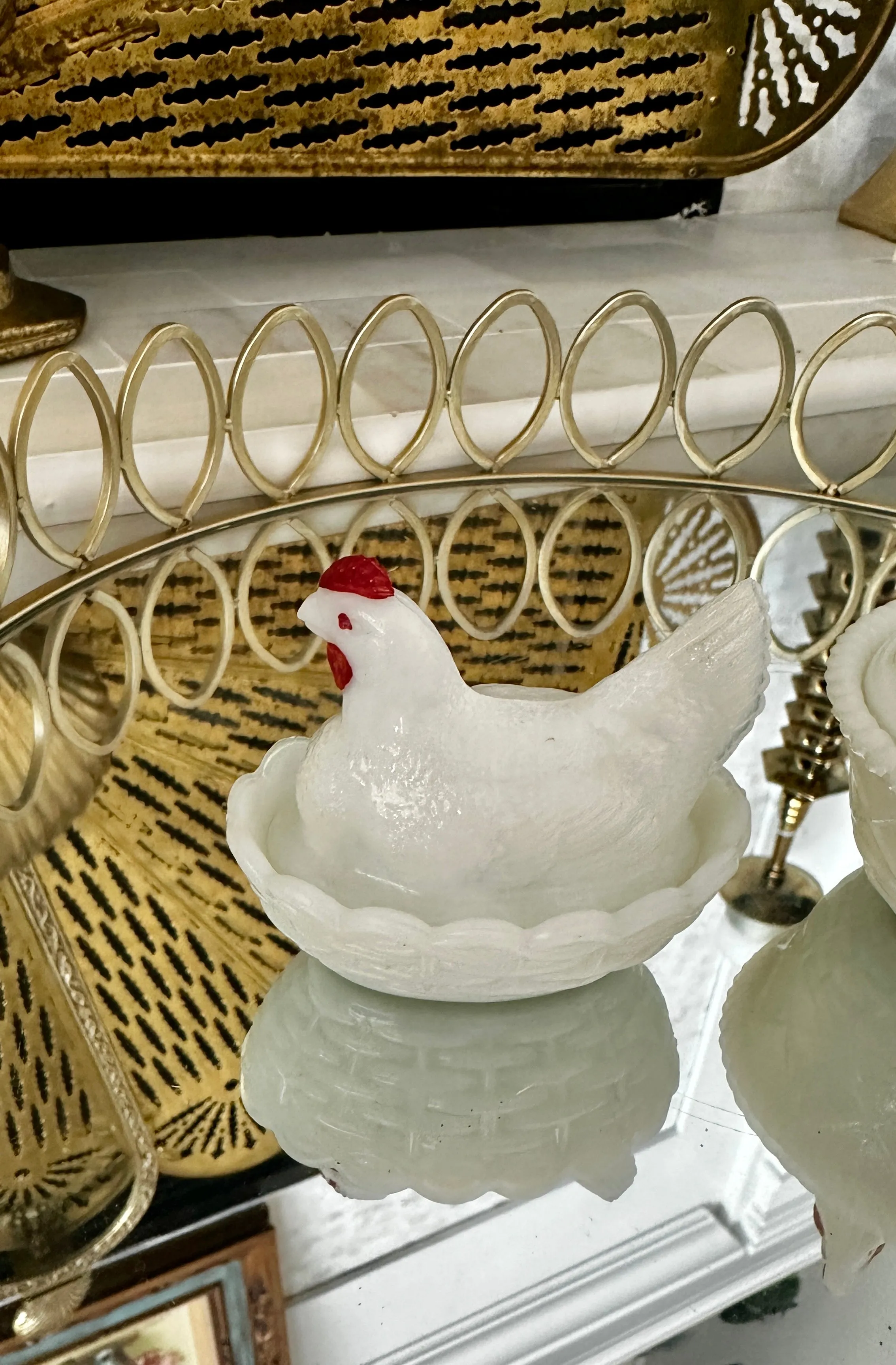 Vintage Hen On Nest Dish, Opaline Westmoreland Milk Glass, 2 Available