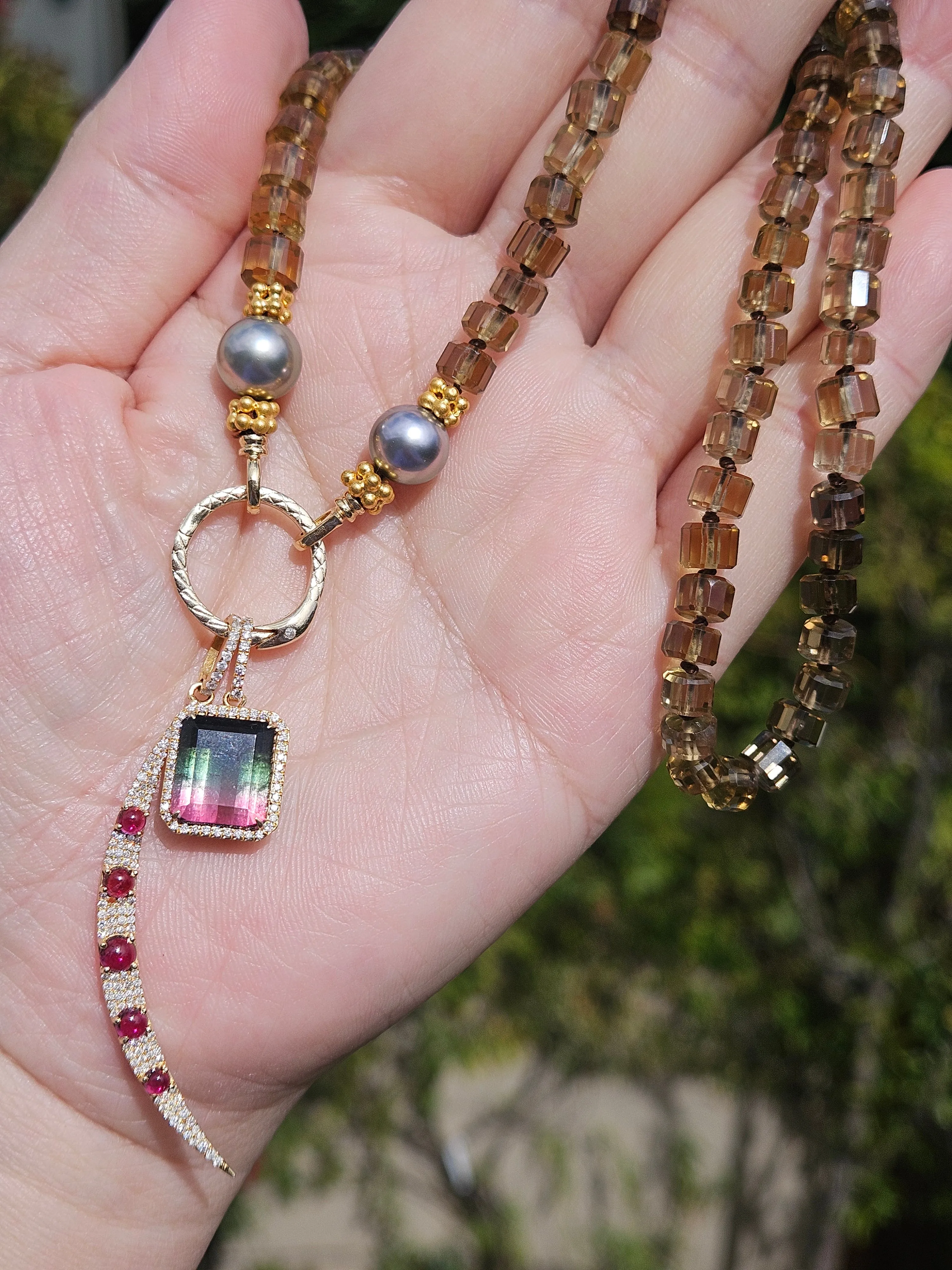 Watermelon Tourmaline & Diamond 18K Gold Gemstone Emerald Cut Pendant