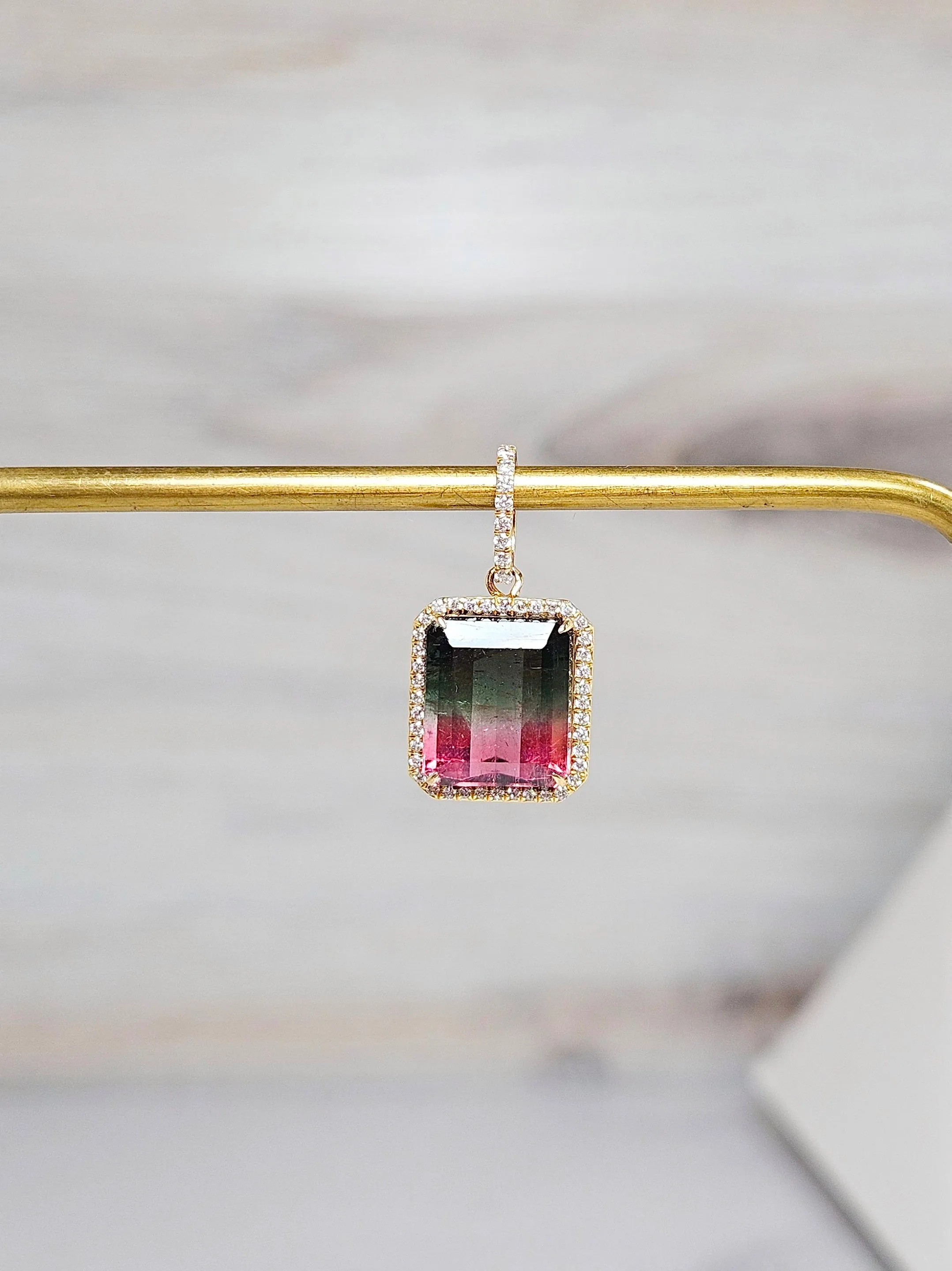 Watermelon Tourmaline & Diamond 18K Gold Gemstone Emerald Cut Pendant