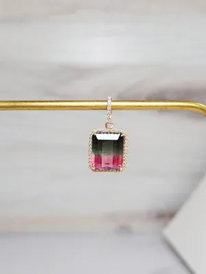 Watermelon Tourmaline & Diamond 18K Gold Gemstone Emerald Cut Pendant