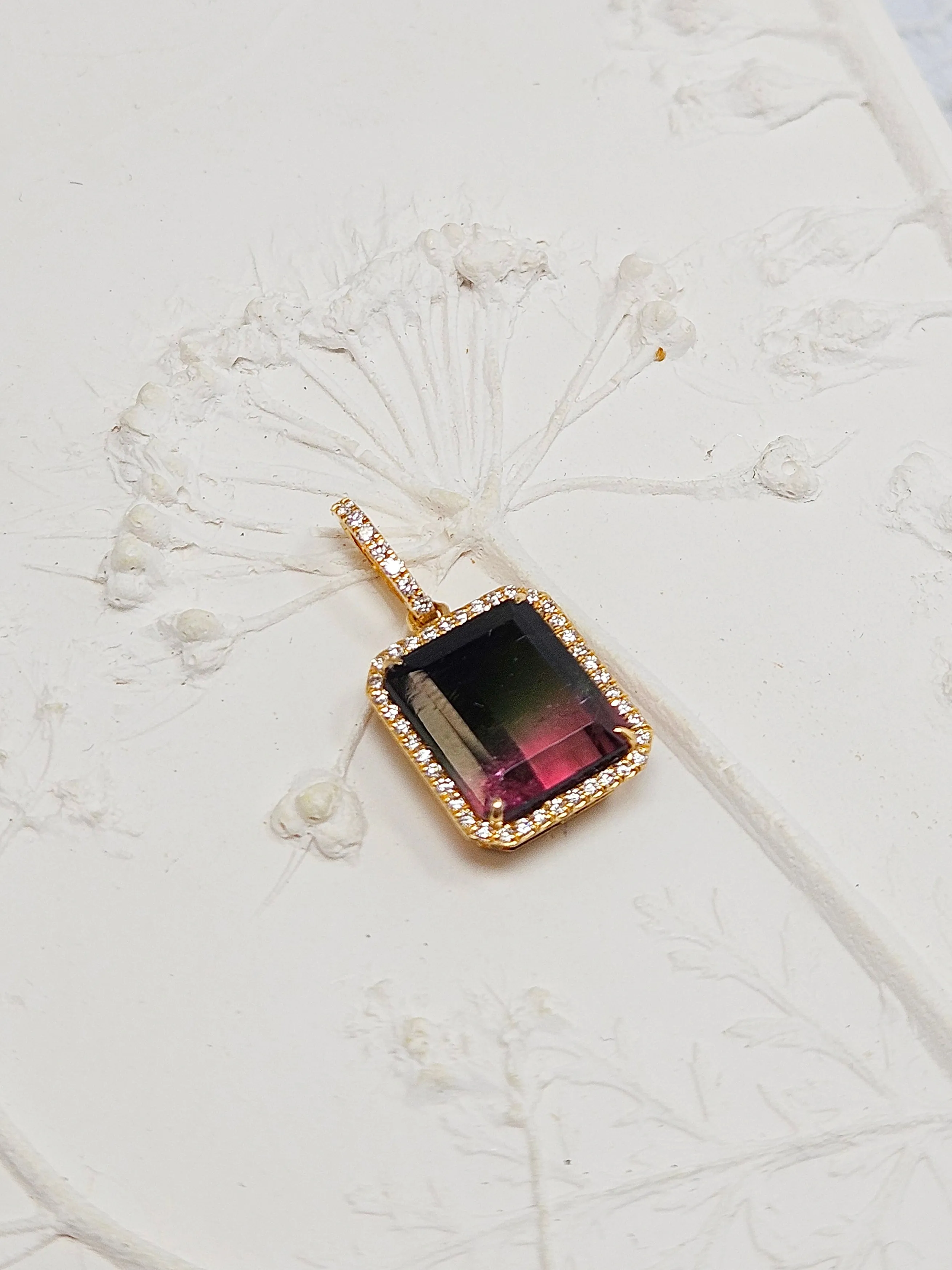 Watermelon Tourmaline & Diamond 18K Gold Gemstone Emerald Cut Pendant