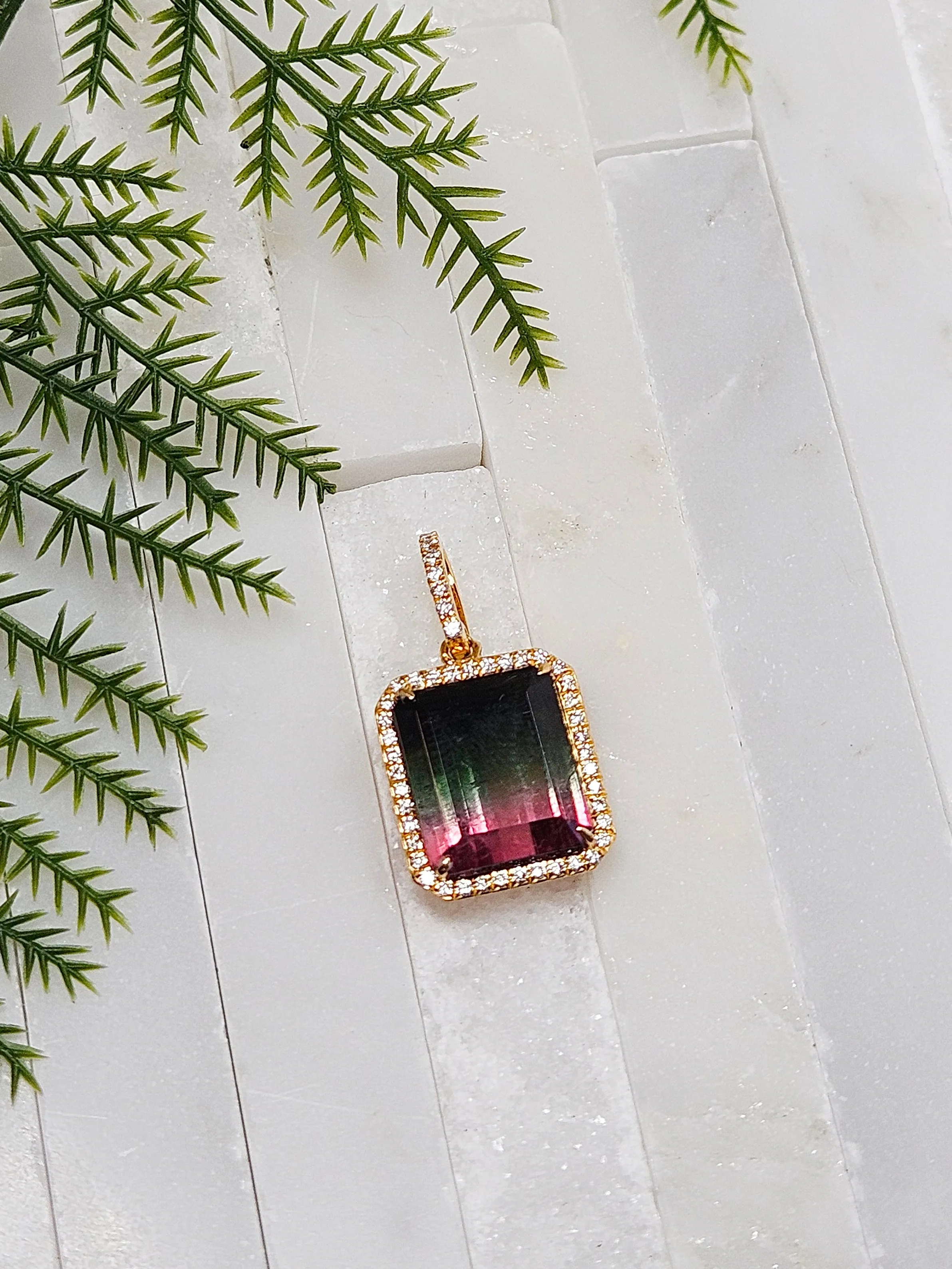 Watermelon Tourmaline & Diamond 18K Gold Gemstone Emerald Cut Pendant
