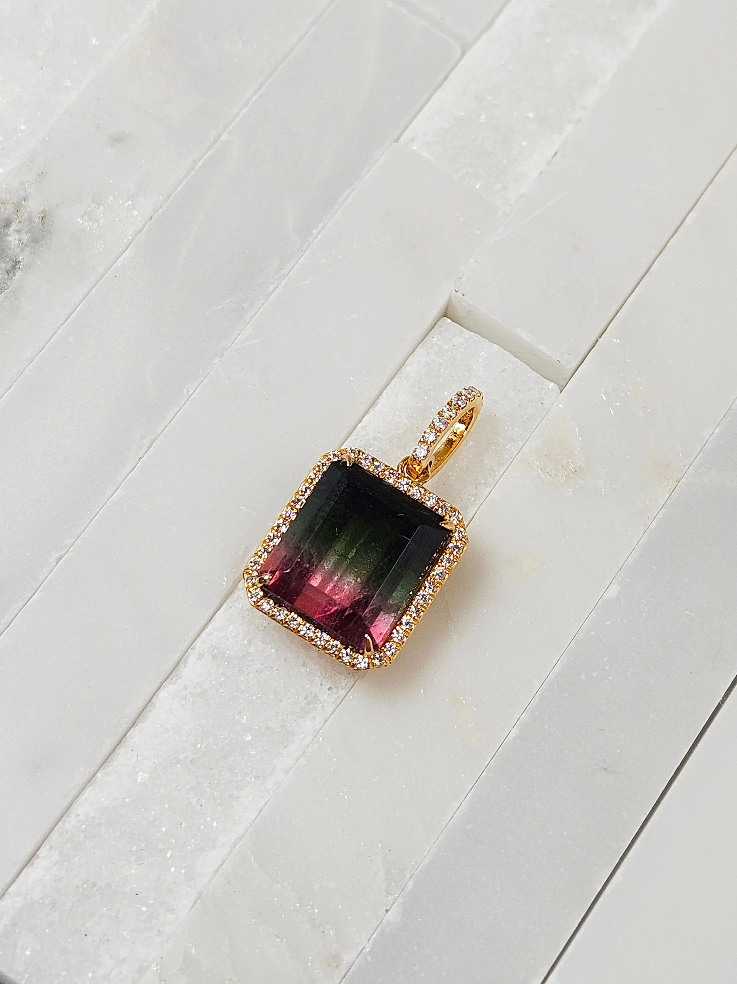 Watermelon Tourmaline & Diamond 18K Gold Gemstone Emerald Cut Pendant