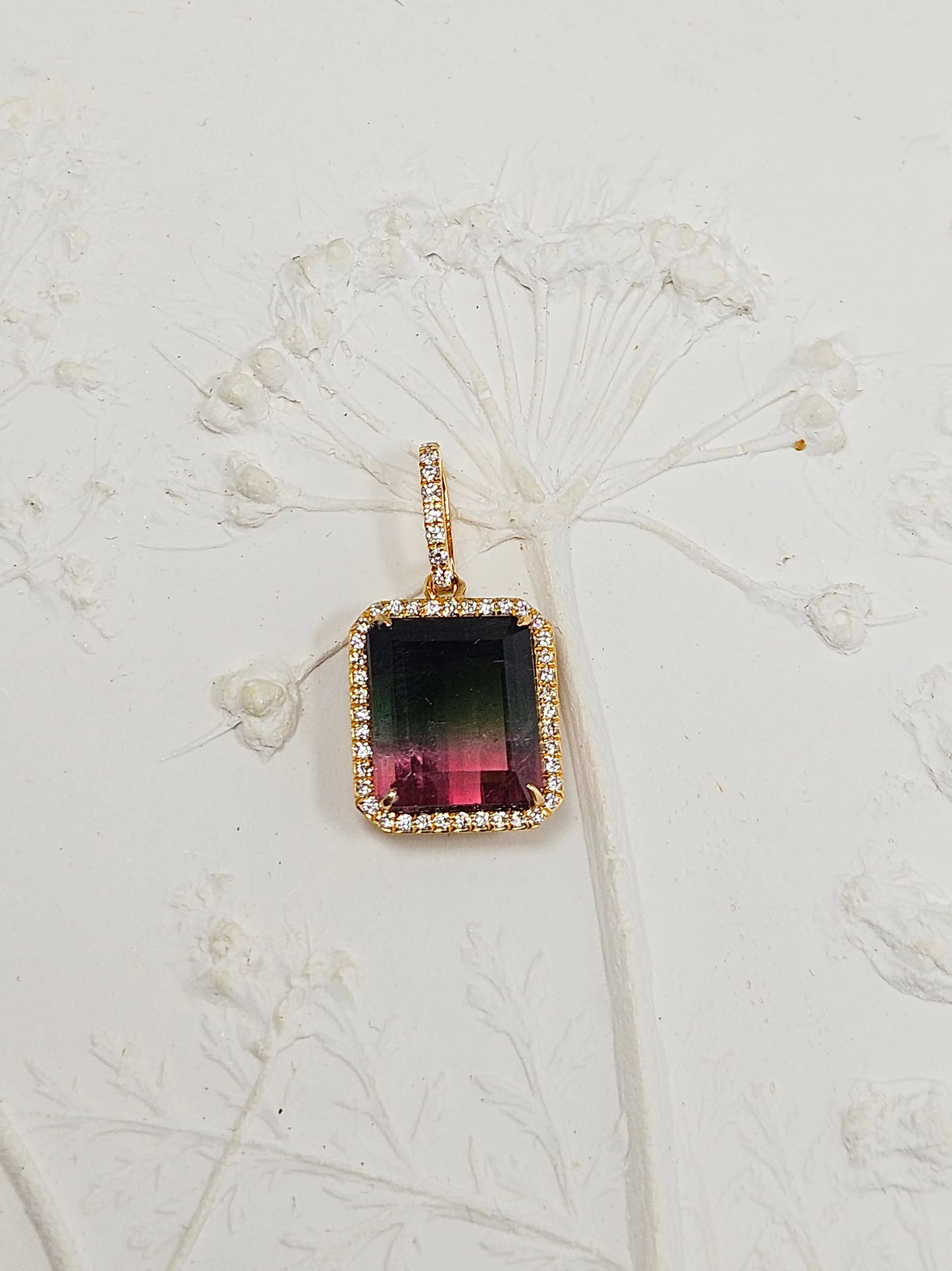 Watermelon Tourmaline & Diamond 18K Gold Gemstone Emerald Cut Pendant