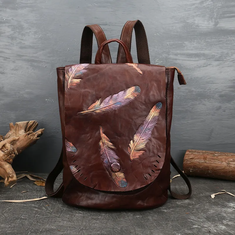 Women Vintage Emlossing Cowhide Leather Backpack 9043