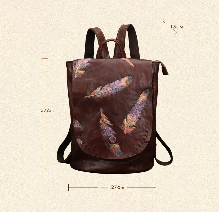 Women Vintage Emlossing Cowhide Leather Backpack 9043