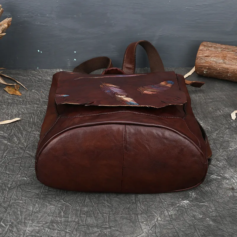 Women Vintage Emlossing Cowhide Leather Backpack 9043