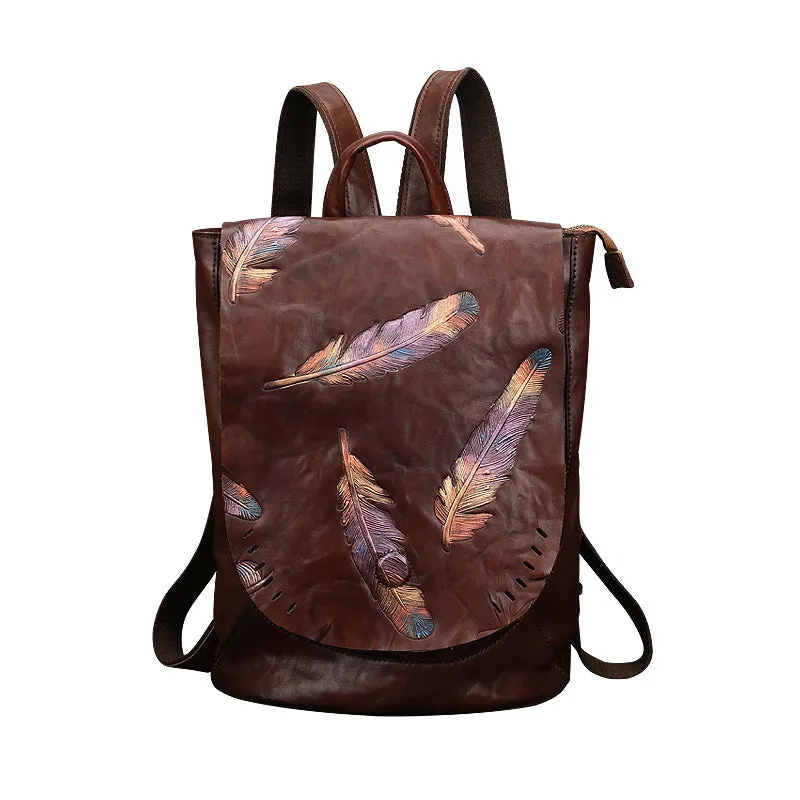 Women Vintage Emlossing Cowhide Leather Backpack 9043