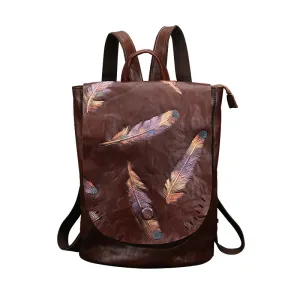 Women Vintage Emlossing Cowhide Leather Backpack 9043