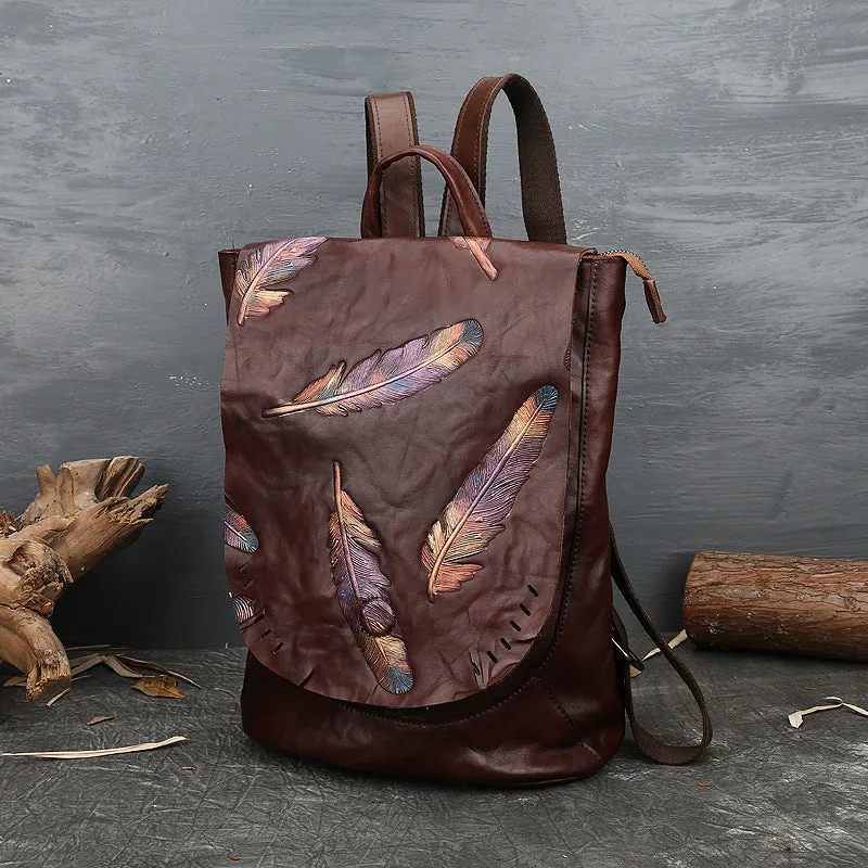 Women Vintage Emlossing Cowhide Leather Backpack 9043