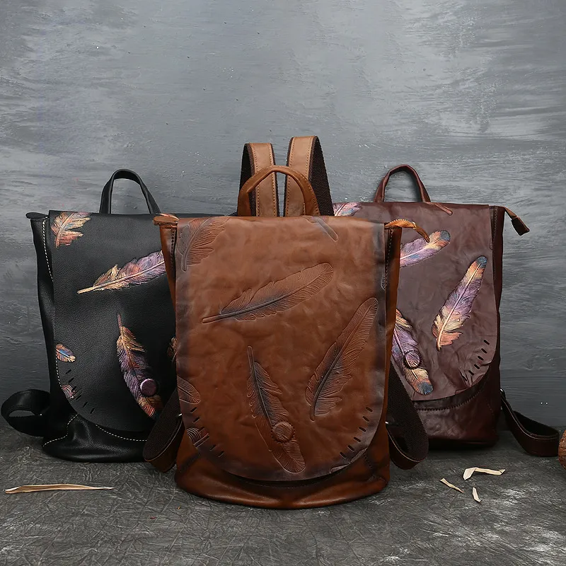 Women Vintage Emlossing Cowhide Leather Backpack 9043