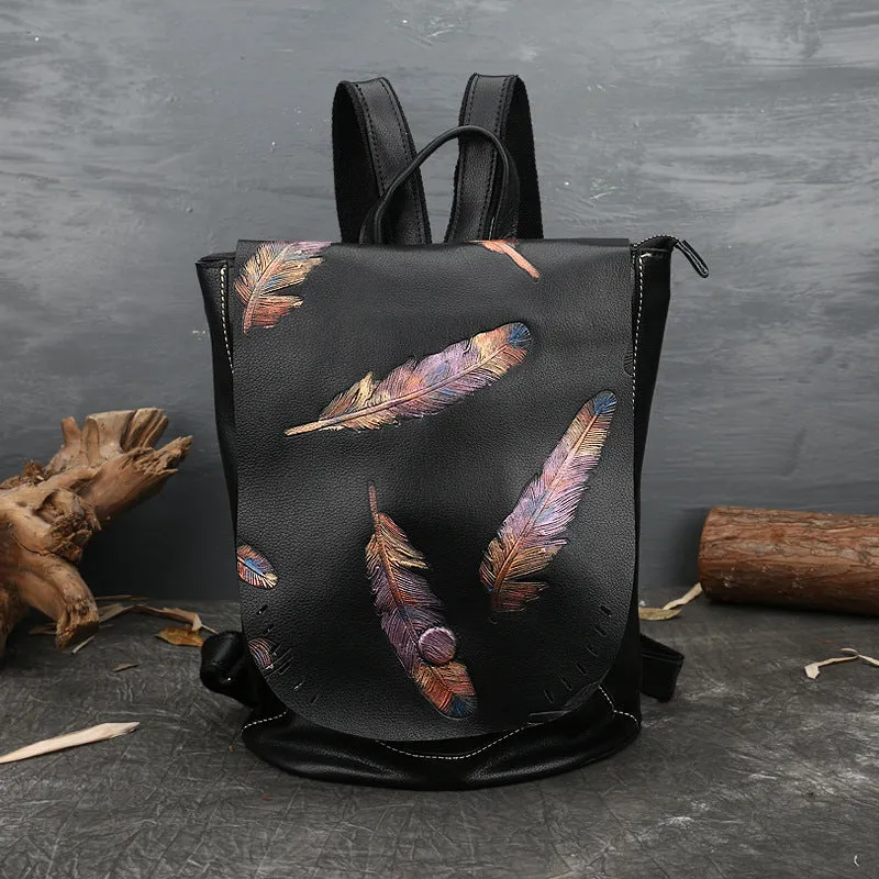 Women Vintage Emlossing Cowhide Leather Backpack 9043