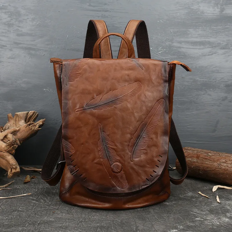 Women Vintage Emlossing Cowhide Leather Backpack 9043