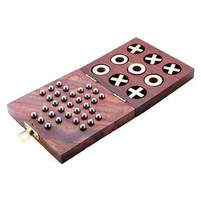 Wooden Tic Tac Toe & Solitaire Board Game | Travel Board Game