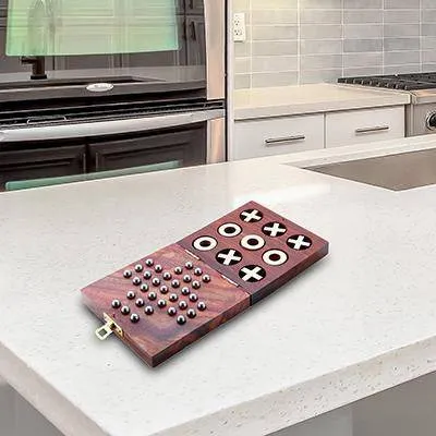 Wooden Tic Tac Toe & Solitaire Board Game | Travel Board Game