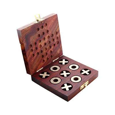 Wooden Tic Tac Toe & Solitaire Board Game | Travel Board Game