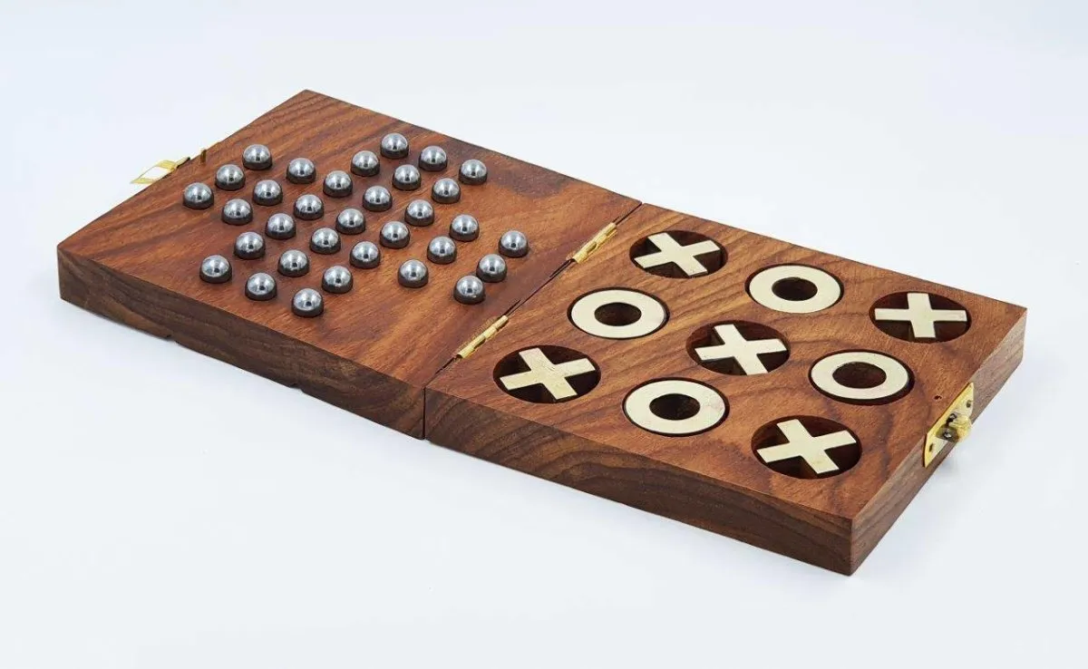 Wooden Tic Tac Toe & Solitaire Board Game | Travel Board Game